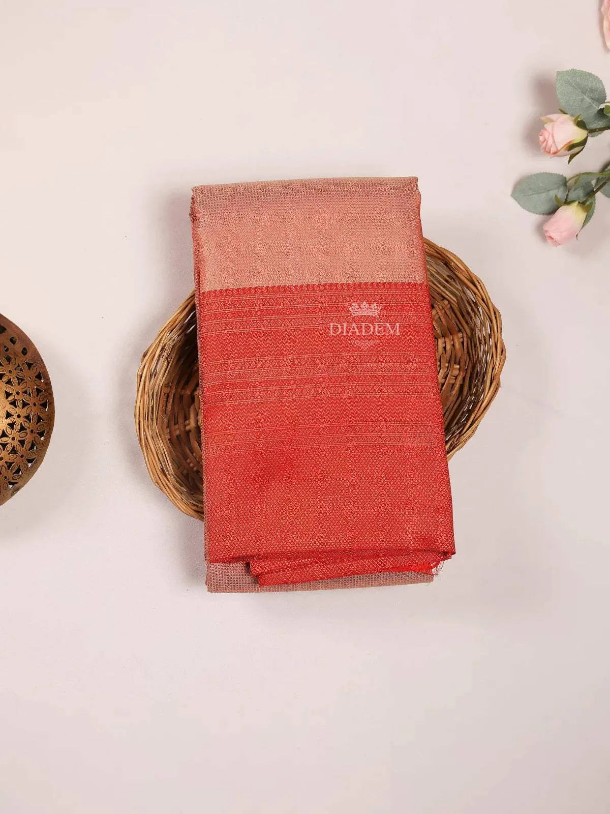 Peach Pure Kanchipuram Bridal Silk Saree with Plain body and Contrast Zari Border - Diadem