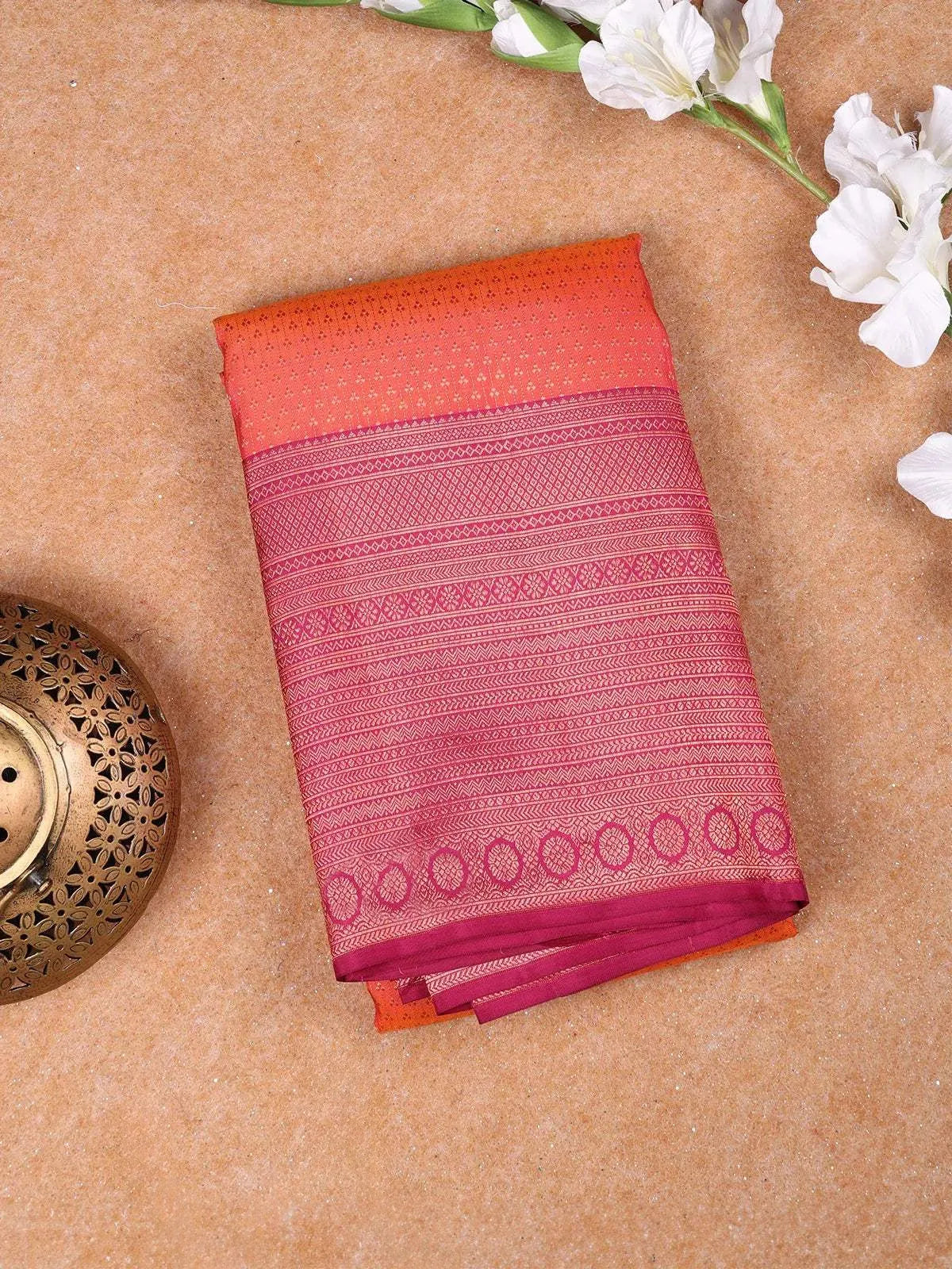 Orange Pure Kanchipuram Silk Saree with Floral Design on the Body with Zari Border - Diadem