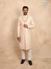 Cream Raw Silk Sherwani Suit with Floral Threadwork Embroidery, Paired with Bead Mala - Diadem