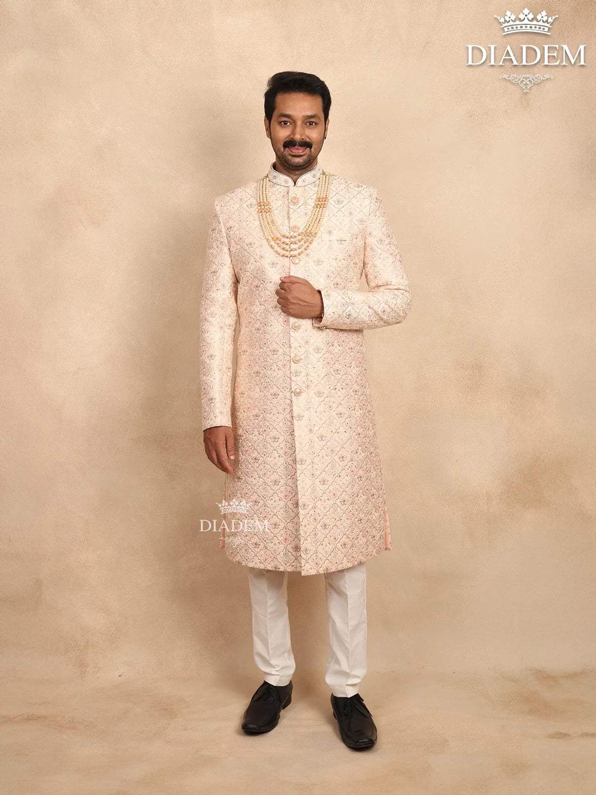 Cream Raw Silk Sherwani Suit with Floral Threadwork Embroidery, Paired with Bead Mala - Diadem