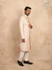 Cream Raw Silk Sherwani Suit with Floral Threadwork Embroidery, Paired with Bead Mala - Diadem