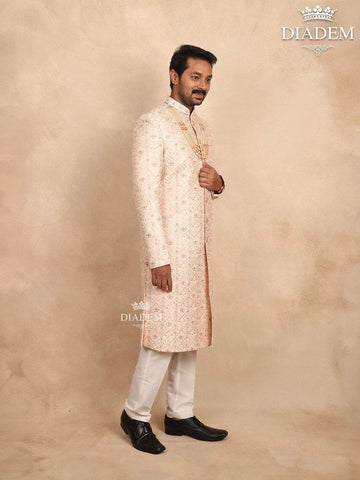 Cream Raw Silk Sherwani Suit with Floral Threadwork Embroidery, Paired with Bead Mala - Diadem