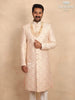 Cream Raw Silk Sherwani Suit with Floral Threadwork Embroidery, Paired with Bead Mala - Diadem