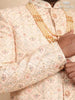 Cream Raw Silk Sherwani Suit with Floral Threadwork Embroidery, Paired with Bead Mala - Diadem