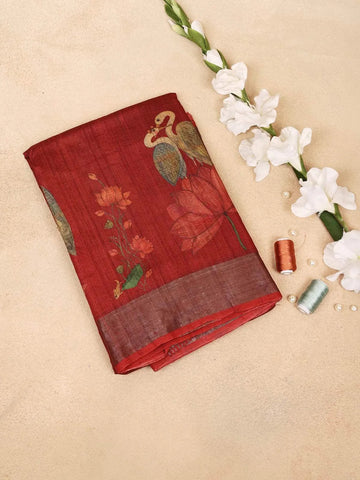 Maroon Banarasi Saree with Flower and Crane Design on the Body with Matching Border - Diadem