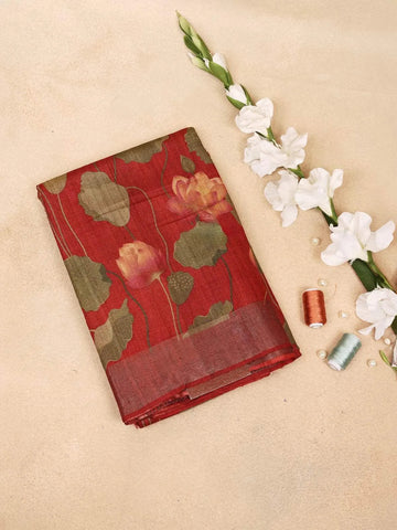 Red Banarasi Saree with Flower Design on the Body and without Border - Diadem