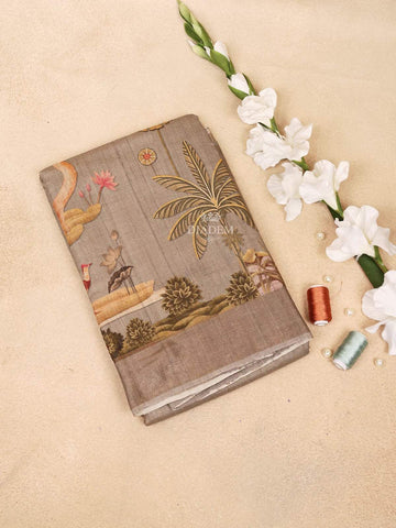Brown Banarasi Saree with Palm Tree and Crane Design on the Body and without Border - Diadem
