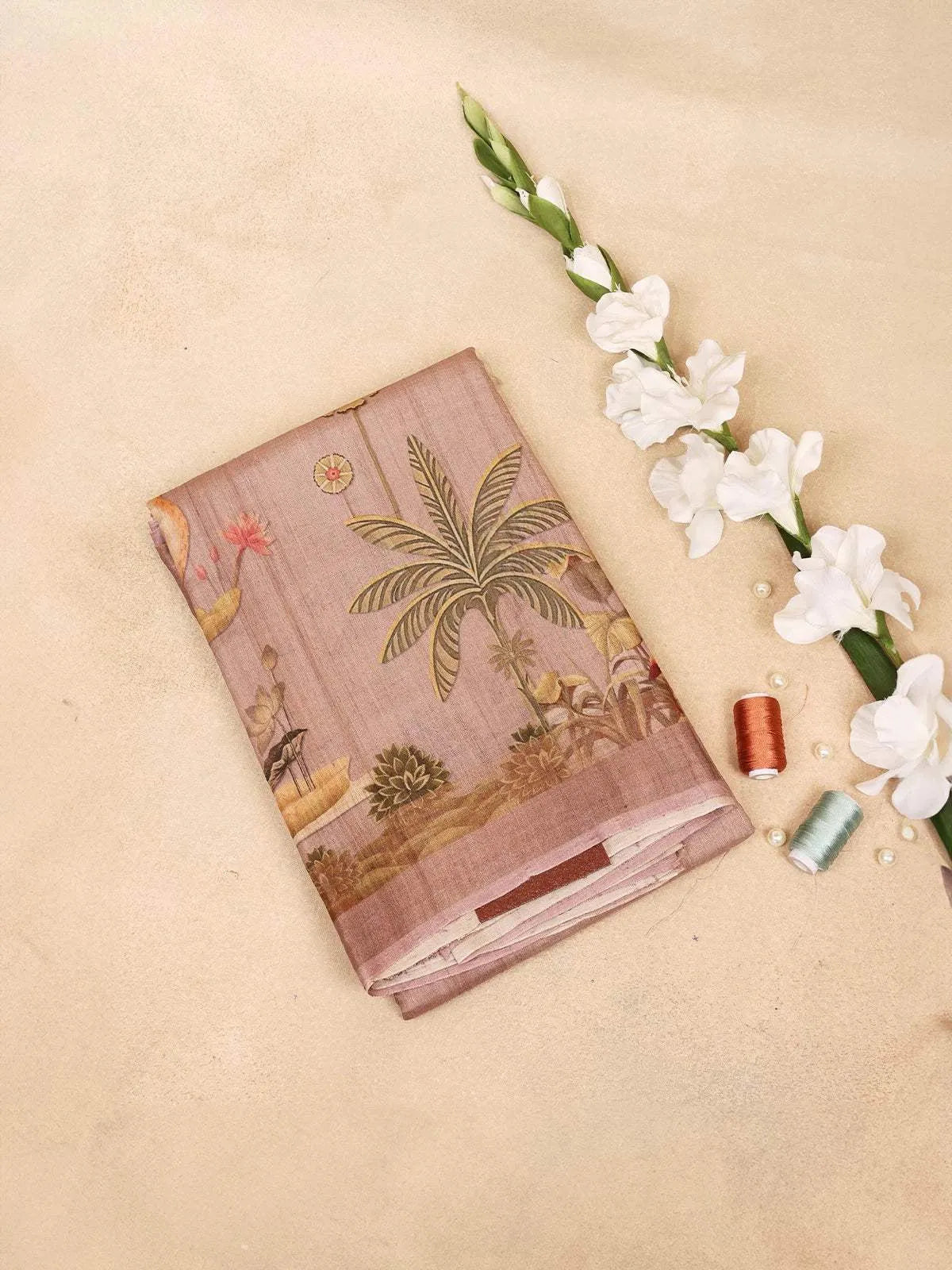 Peach Banarasi Saree with Palm Tree and Crane Design on the Body and with out Border - Diadem