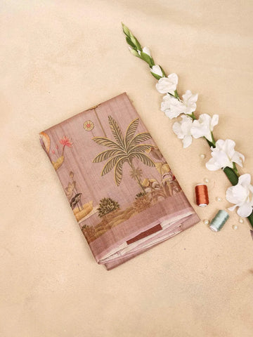 Peach Banarasi Saree with Palm Tree and Crane Design on the Body and with out Border - Diadem