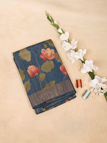 Navy Blue Banarasi Saree with Floral Design on the Body with Matching Border - Diadem