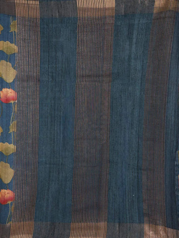 Navy Blue Banarasi Saree with Floral Design on the Body with Matching Border - Diadem