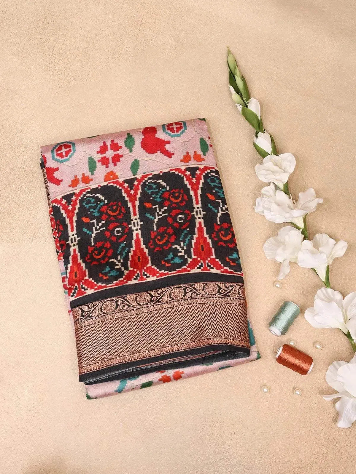 Light Pink Banarasi Silk Saree with Birds and Floral Design on the Body with Contrast Zari Border - Diadem