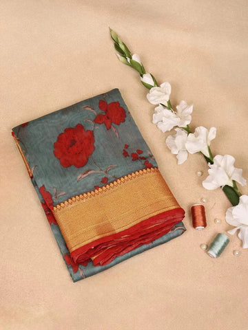 Grey Banarasi Saree with Flower Design on the Body with Contrast Zari Border - Diadem