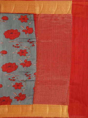 Grey Banarasi Saree with Flower Design on the Body with Contrast Zari Border - Diadem