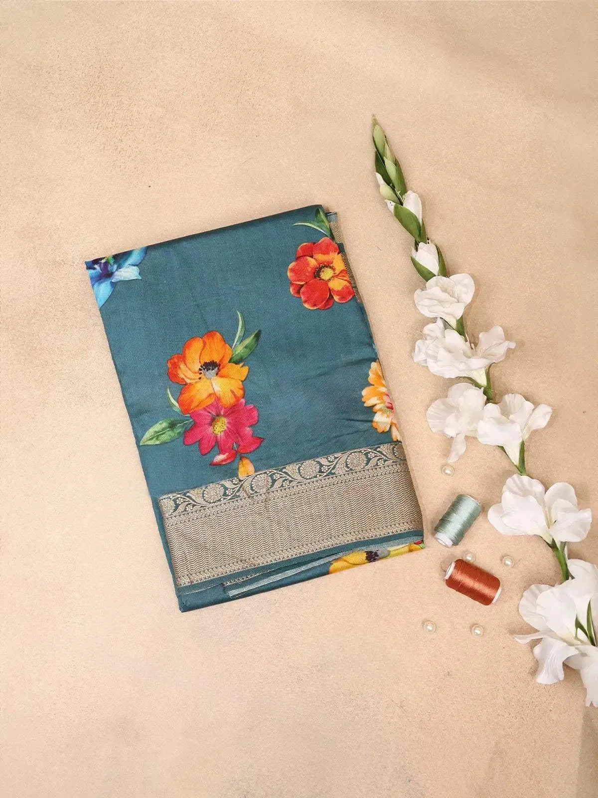 Teal Blue Banarasi Saree with Flower and Leaf Design on the Body and Zari Border - Diadem