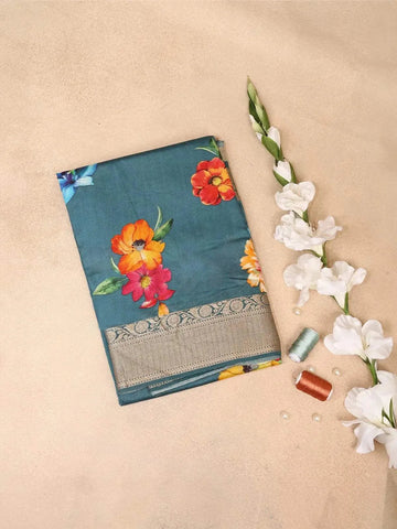 Teal Blue Banarasi Saree with Flower and Leaf Design on the Body and Zari Border - Diadem
