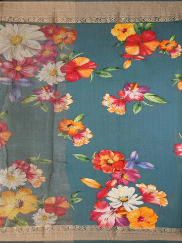 Teal Blue Banarasi Saree with Flower and Leaf Design on the Body and Zari Border - Diadem