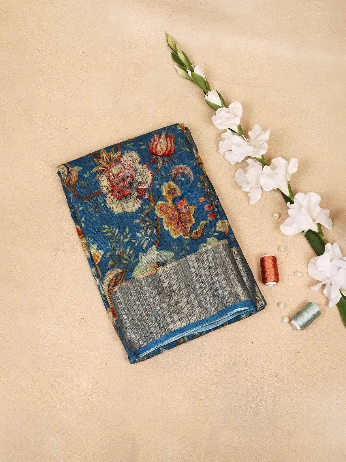 Blue Banarasi Silk Saree with Floral Jacquard Design on the Body with Zari Border - Diadem