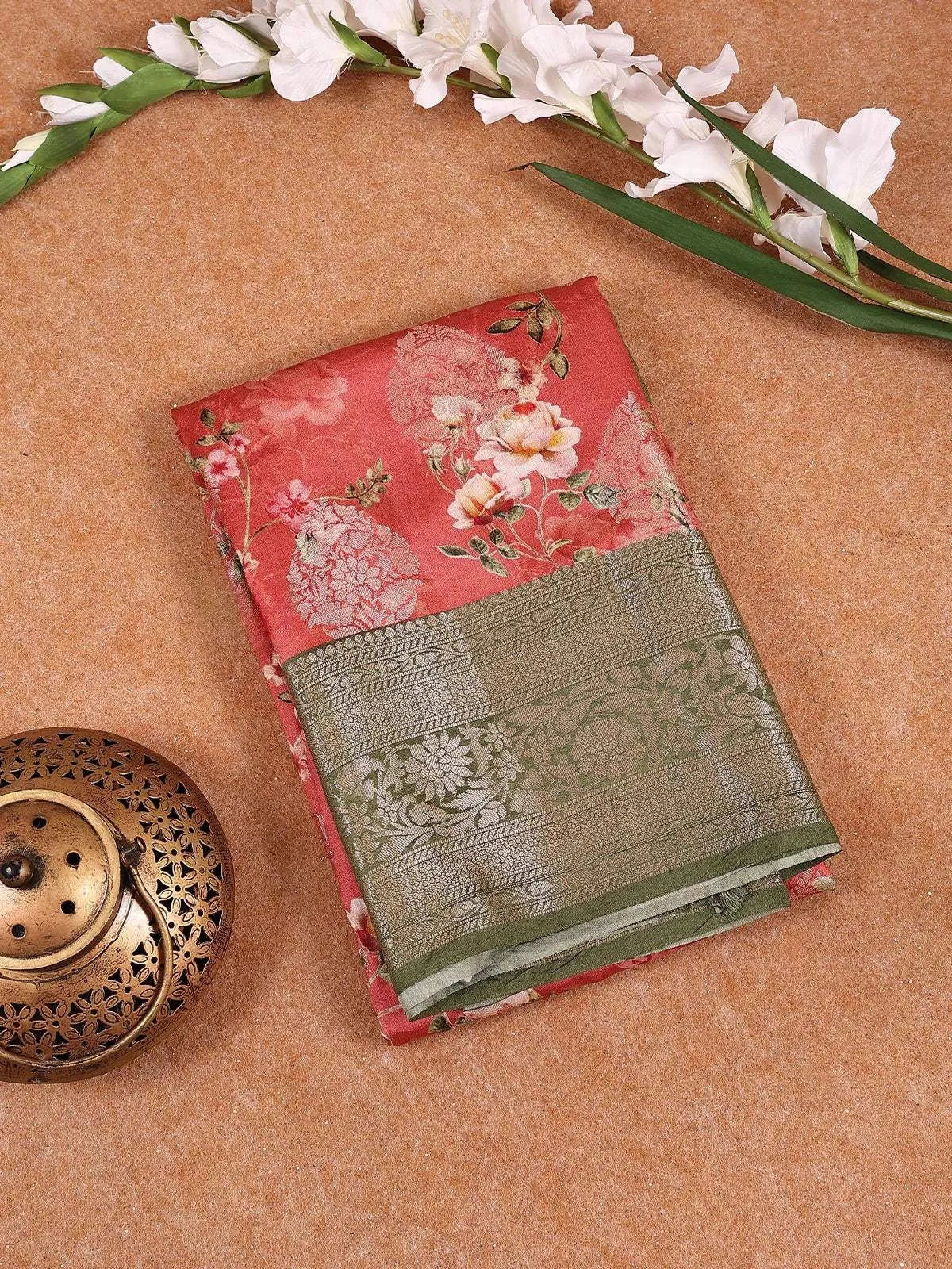 Coral Red Banarasi Saree with Flower Design on the Body with Contrast Border - Diadem