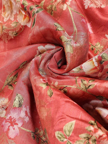 Coral Red Banarasi Saree with Flower Design on the Body with Contrast Border - Diadem
