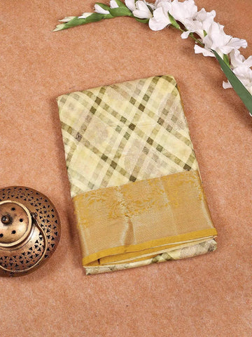 Light Yellow Banarasi Saree with Stripes Design on the Body with Zari Border - Diadem