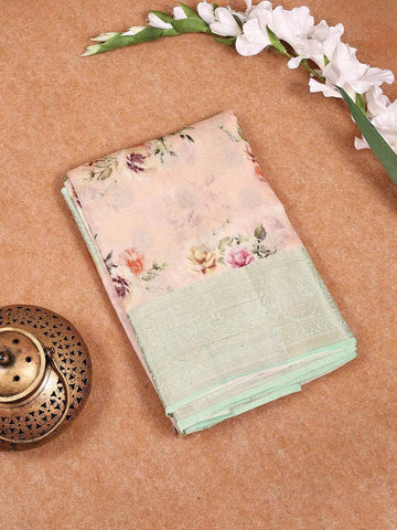 Peach Banarasi Saree with Flower Jacquard Design on the Body with Contrast Border - Diadem