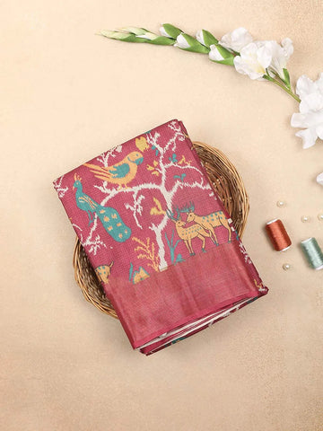 Red Chanderi Silk Saree with Animals Motifs on the Body with Zari Border - Diadem