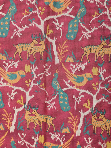 Red Chanderi Silk Saree with Animals Motifs on the Body with Zari Border - Diadem