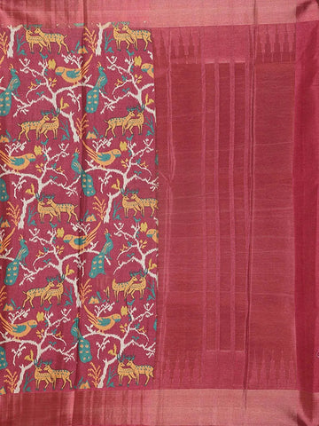 Red Chanderi Silk Saree with Animals Motifs on the Body with Zari Border - Diadem