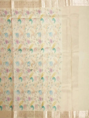 Beige Tussar Silk Saree with Floral Designs on the Body and with Designed Border - Diadem