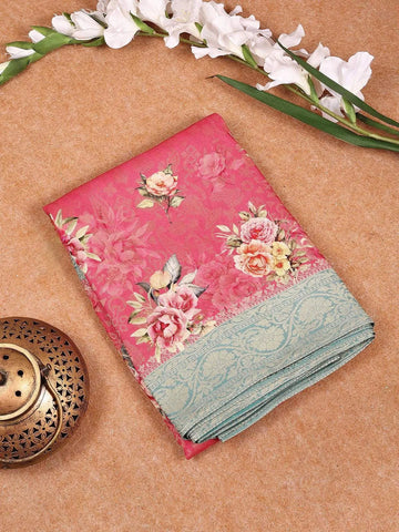 Rose Pink Banarasi Saree with Floral Design on the Body and Contrast Border - Diadem