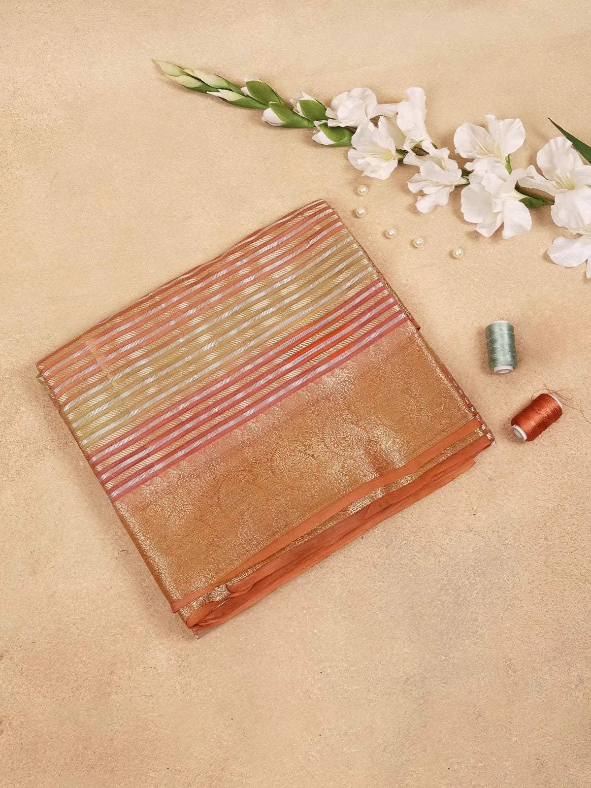 Orange Semi Banarasi Saree with Stripes Design on the Body with Zari Border - Diadem
