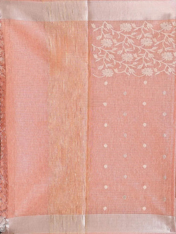 Pink Semi Banarasi Saree with Floral Design on the body with Zari Border - Diadem