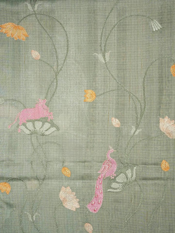 Turquoise Green Tussar Silk Saree with Floral designs on the Body and with Designed Border - Diadem