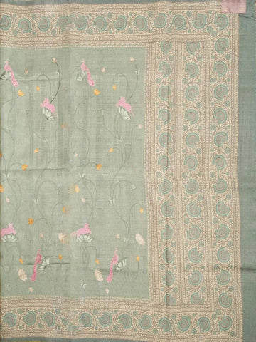 Turquoise Green Tussar Silk Saree with Floral designs on the Body and with Designed Border - Diadem