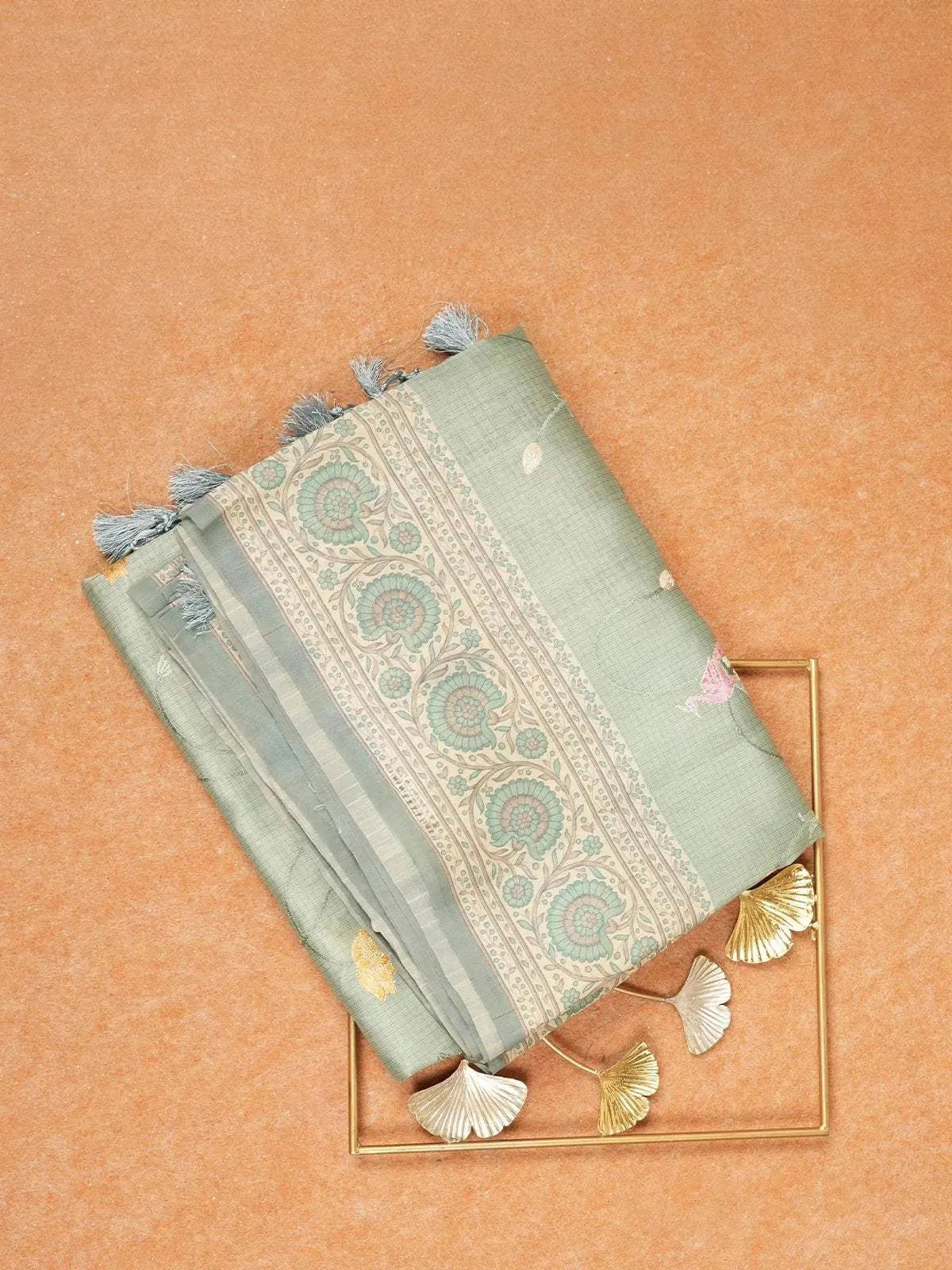 Turquoise Green Tussar Silk Saree with Floral designs on the Body and with Designed Border - Diadem