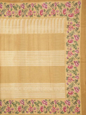 Beige Tussar Silk Saree with Designed Stripe Pattern on the Body and with Floral Border - Diadem
