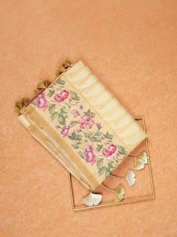 Beige Tussar Silk Saree with Designed Stripe Pattern on the Body and with Floral Border - Diadem