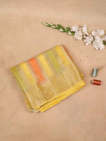 Light Yellow Semi Banarasi Saree with Stirpes Floral Design on the Body with Design Border - Diadem