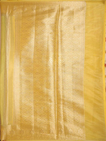 Light Yellow Semi Banarasi Saree with Stirpes Floral Design on the Body with Design Border - Diadem