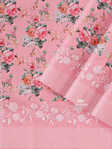 Pink Chanderi Silk Saree with Floral Prints on the body and Thread Border - Diadem