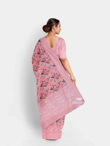 Pink Chanderi Silk Saree with Floral Prints on the body and Thread Border - Diadem