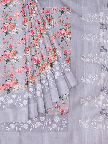 Light Blue Grey Chanderi Silk Saree with Floral Prints & Thread Border - Diadem