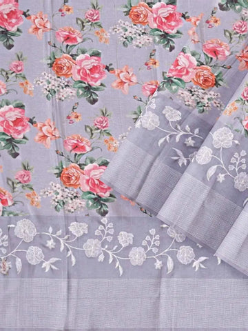 Light Blue Grey Chanderi Silk Saree with Floral Prints & Thread Border - Diadem