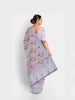 Light Blue Grey Chanderi Silk Saree with Floral Prints & Thread Border - Diadem