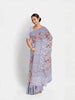 Light Blue Grey Chanderi Silk Saree with Floral Prints & Thread Border - Diadem