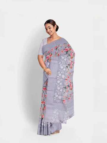 Light Blue Grey Chanderi Silk Saree with Floral Prints & Thread Border - Diadem
