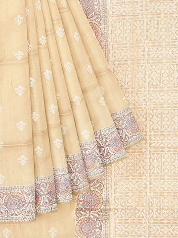 Light Yellow Semi Tussar Silk Saree with Floral Prints & Printed Border - Diadem