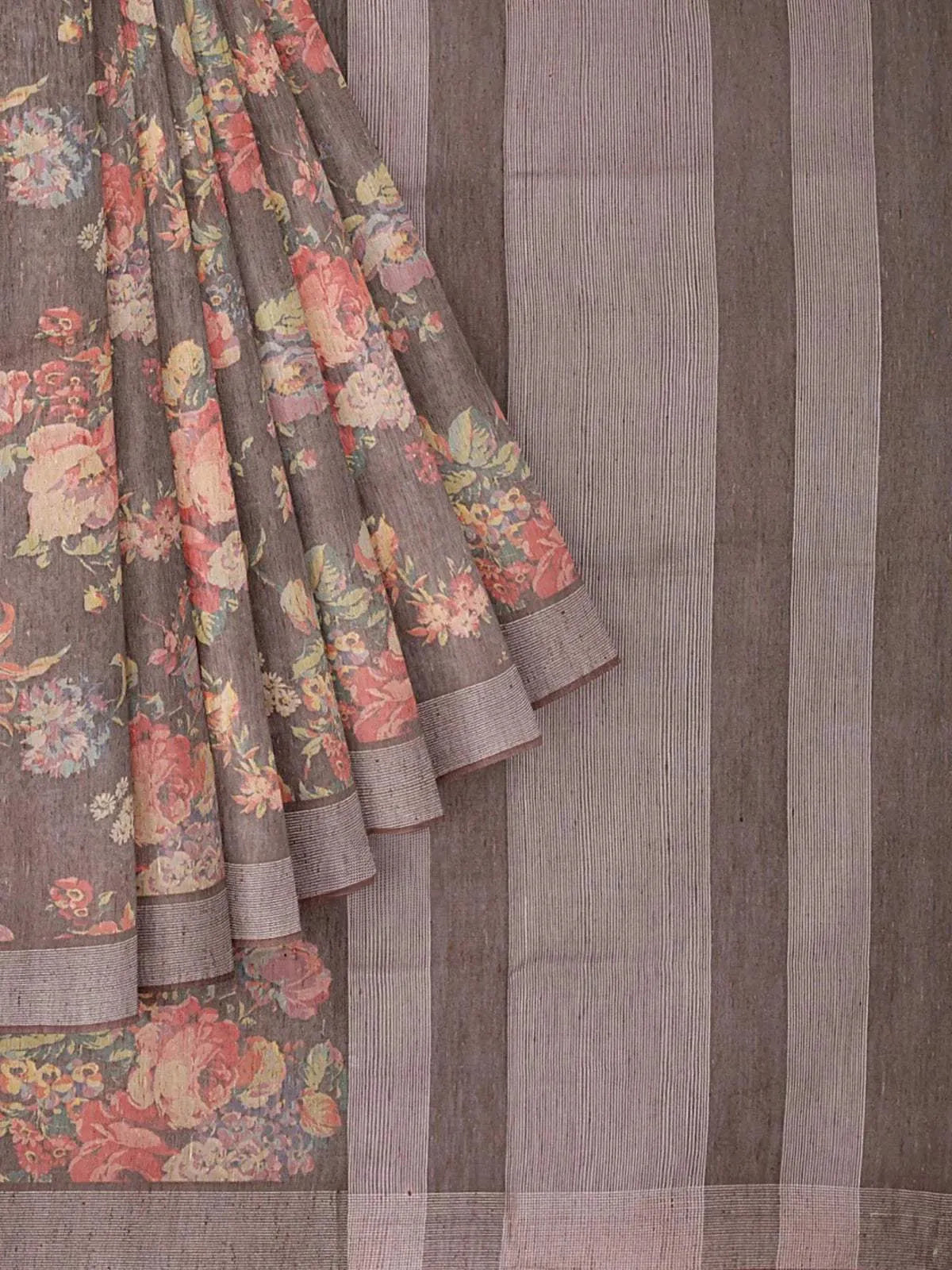 Brown Chanderi Cotton Saree with Floral Prints & Zari Border - Diadem