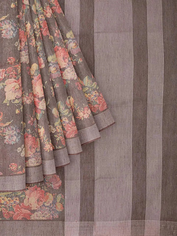 Brown Chanderi Cotton Saree with Floral Prints & Zari Border - Diadem